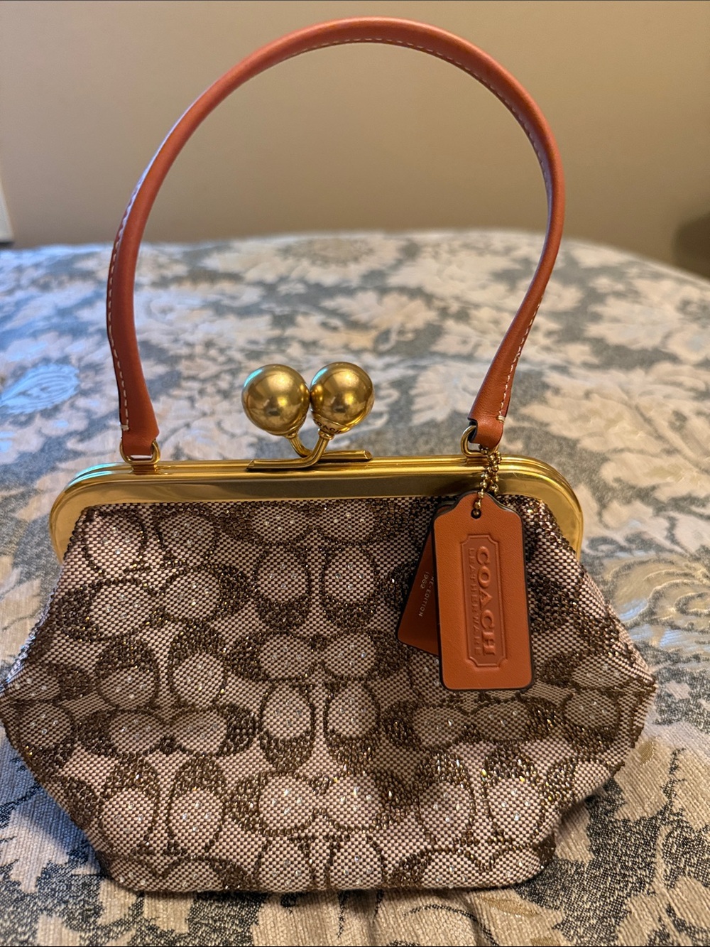 Coach Gold Crystal  Signature Canvas Frame Wristlet with Tan Leather Handle